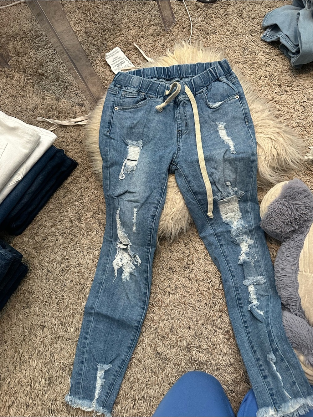 Women’s Distressed Light Blue Drawstring Jeans with Elastic Waistband